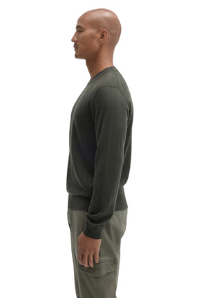 Robert Barakett men's dark olive crew neck long-sleeve sweater showing, ribbed hem and shoulder seam, side view