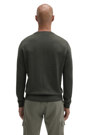 Back view of men's dark olive crew neck long-sleeve sweater with ribbed hem and cuffs by Robert Barakett