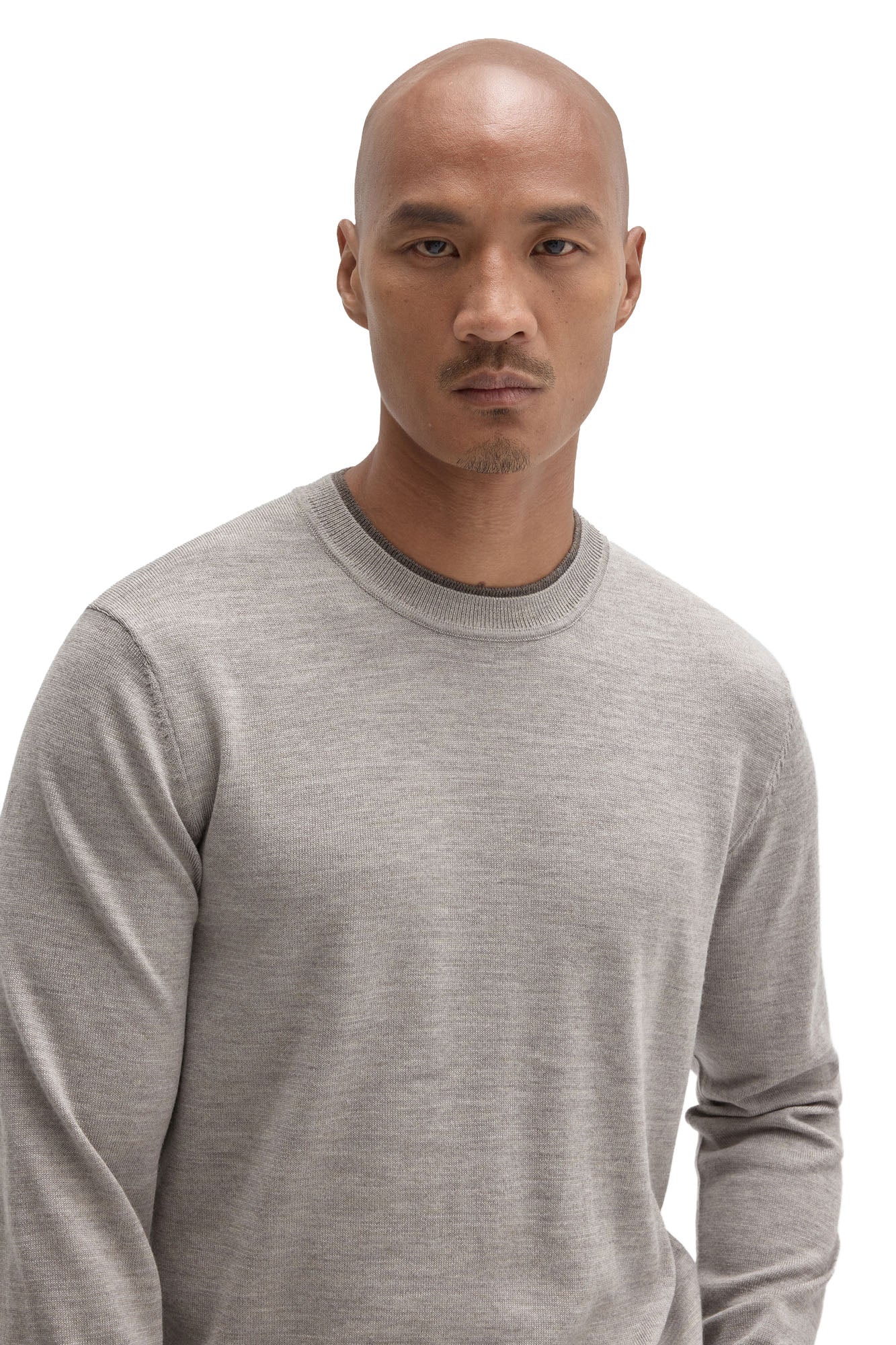 Robert Barakett men's close front view of a light grey crew neck long-sleeve knit sweater showing ribbed collar