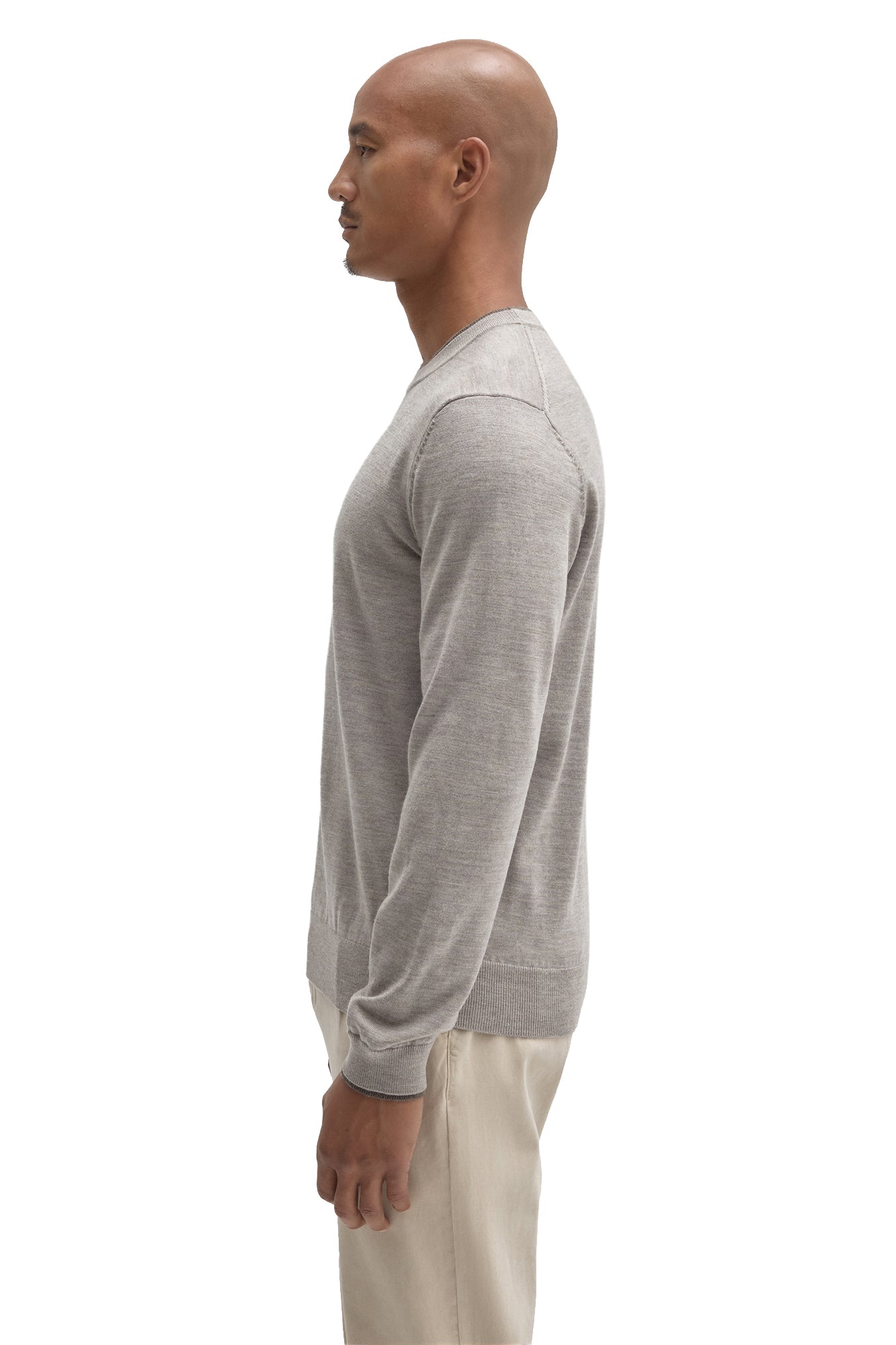 Side view of men's light grey crew neck long-sleeve knit sweater with ribbed hem and cuffs by Robert Barakett