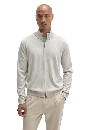 Robert Barakett men's light beige full-zip knit long-sleeve knit sweater with hem, cuffs and ribbed stand collar, front view