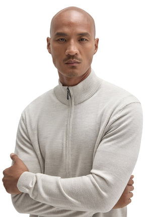 Men's close front view of a light beige full-zip knit long-sleeve knit sweater with ribbed stand collar by Robert Barakett