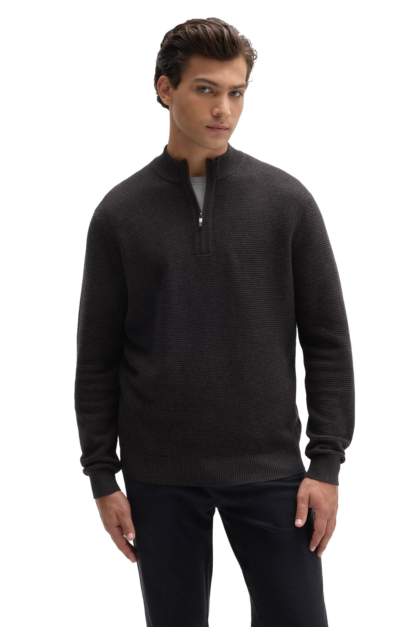 Robert Barakett men's dark charcoal quarter-zip knit long-sleeve sweater with ribbed mock neck and hem, front view