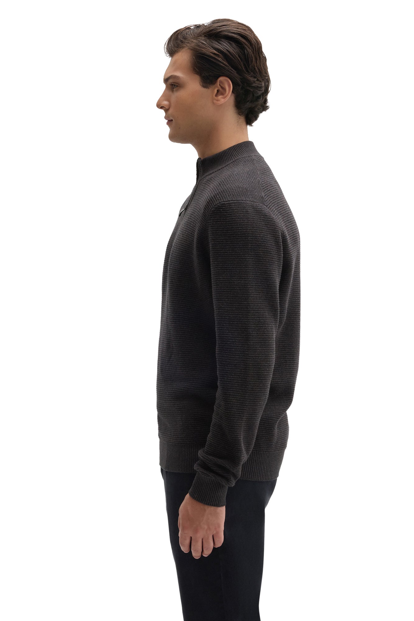 Robert Barakett men's dark charcoal quarter-zip knit long-sleeve sweater, side view showing ribbed cuffs and textured knit