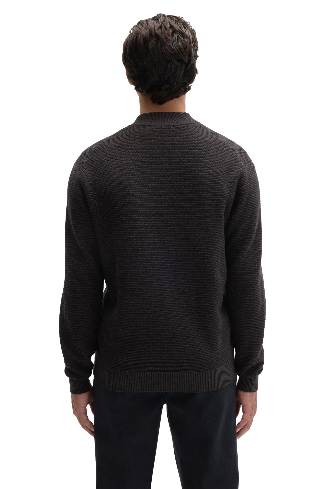 Men's dark charcoal quarter-zip knit long-sleeve sweater, close back view with ribbed hem and cuffs by Robert Barakett