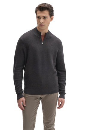 Robert Barakett men's dark charcoal quarter-zip knit long-sleeve sweater with ribbed mock neck and hem, front view