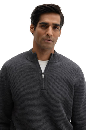 Robert Barakett men's close front view of charcoal textured knit half-zip long-sleeve knit sweater with ribbed stand collar