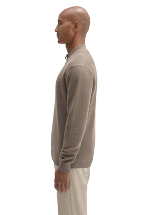 Robert Barakett men's taupe textured knit long-sleeve knit sweater showing hem, cuff and ribbed mock neck, side view