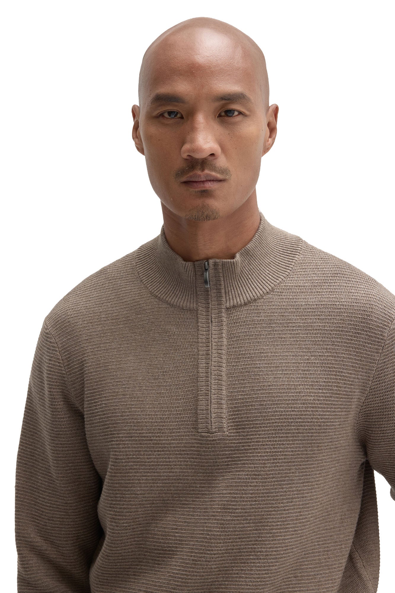 Robert Barakett men's close front view of taupe quarter-zip knit long-sleeve knit sweater with ribbed mock neck
