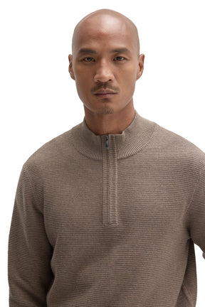 Robert Barakett men's close front view of taupe quarter-zip knit long-sleeve knit sweater with ribbed mock neck