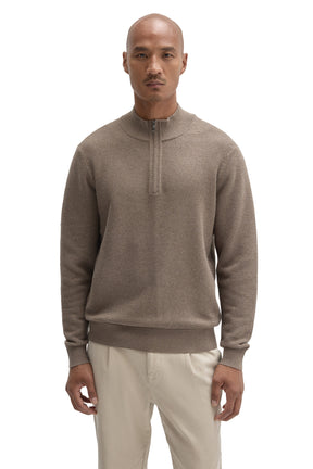 Robert Barakett men's taupe quarter-zip knit long-sleeve knit sweater with hem, cuffs and ribbed mock neck, front view