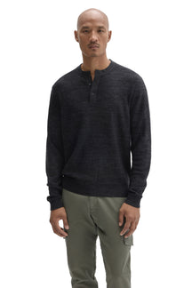 Robert Barakett men's dark charcoal henley long-sleeve knit sweater with short button placket and rib hem, front view