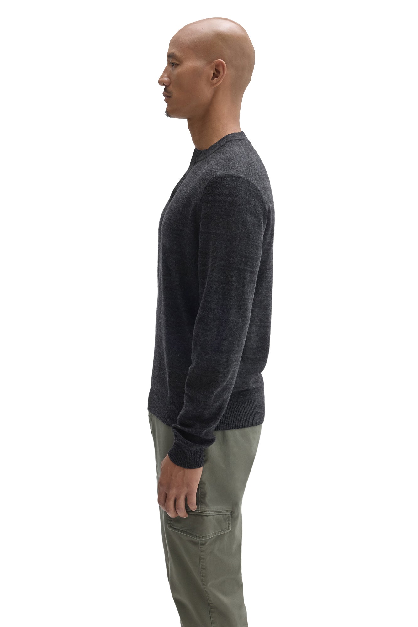 Side view of men's dark charcoal henley long-sleeve knit sweater with ribbed hem and cuffs by Robert Barakett
