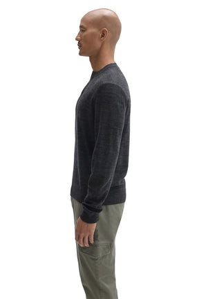 Side view of men's dark charcoal henley long-sleeve knit sweater with ribbed hem and cuffs by Robert Barakett