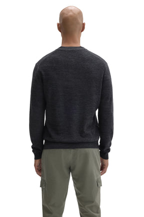 Back view of men's dark charcoal long sleeve knit sweater with ribbed hem and cuffs by Robert Barakett