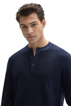 Robert Barakett men's close front detail of navy henley knit long-sleeve knit sweater with collarless neckline and buttons