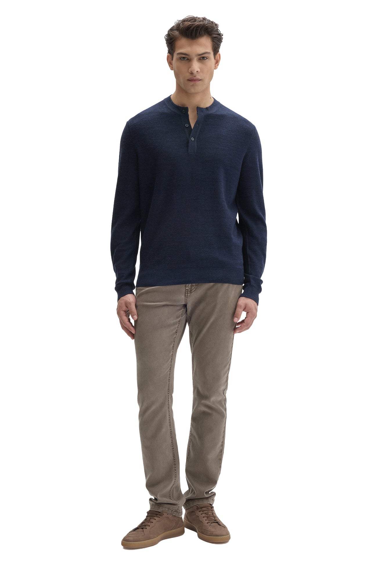 Men's full front model view of navy henley knit long-sleeve knit sweater with three-button placket by Robert Barakett