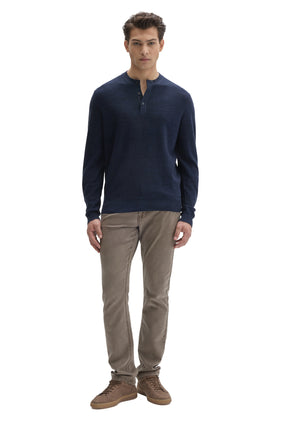 Men's full front model view of navy henley knit long-sleeve knit sweater with three-button placket by Robert Barakett