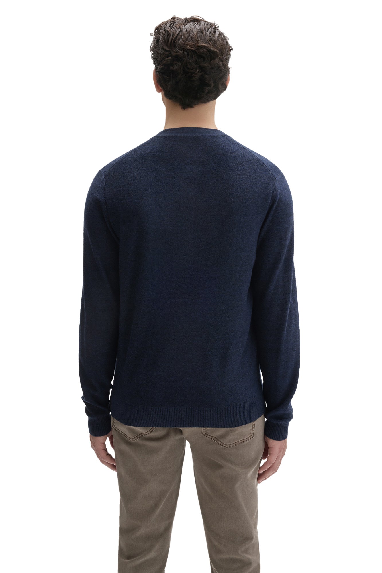 Robert Barakett men's navy long sleeve knit sweater with bottom hem and ribbed cuffs shown from the back