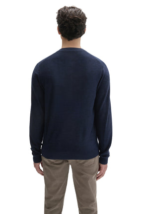 Robert Barakett men's navy long sleeve knit sweater with bottom hem and ribbed cuffs shown from the back