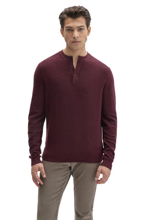 Robert Barakett men's burgundy long sleeve henley knit sweater with ribbed cuffs and hem shown from the front