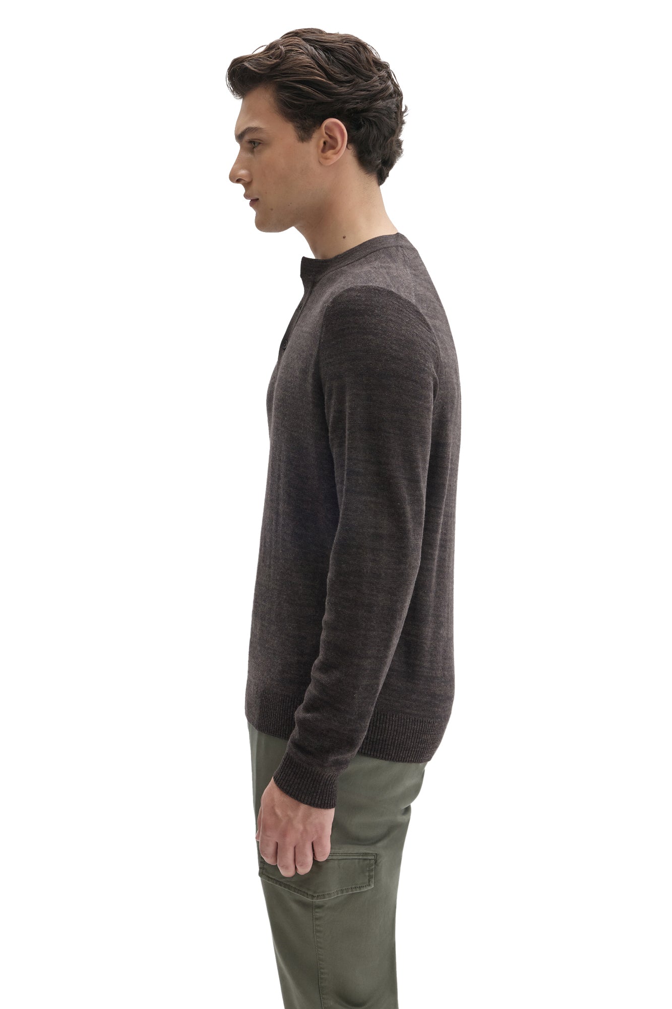 Side view of men's dark brown long sleeve Henley sweater with ribbed cuff and hem on model by Robert Barakett
