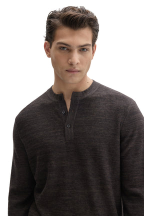 Men's close front view of dark brown Henley long-sleeve henley sweater showing banded neckline by Robert Barakett