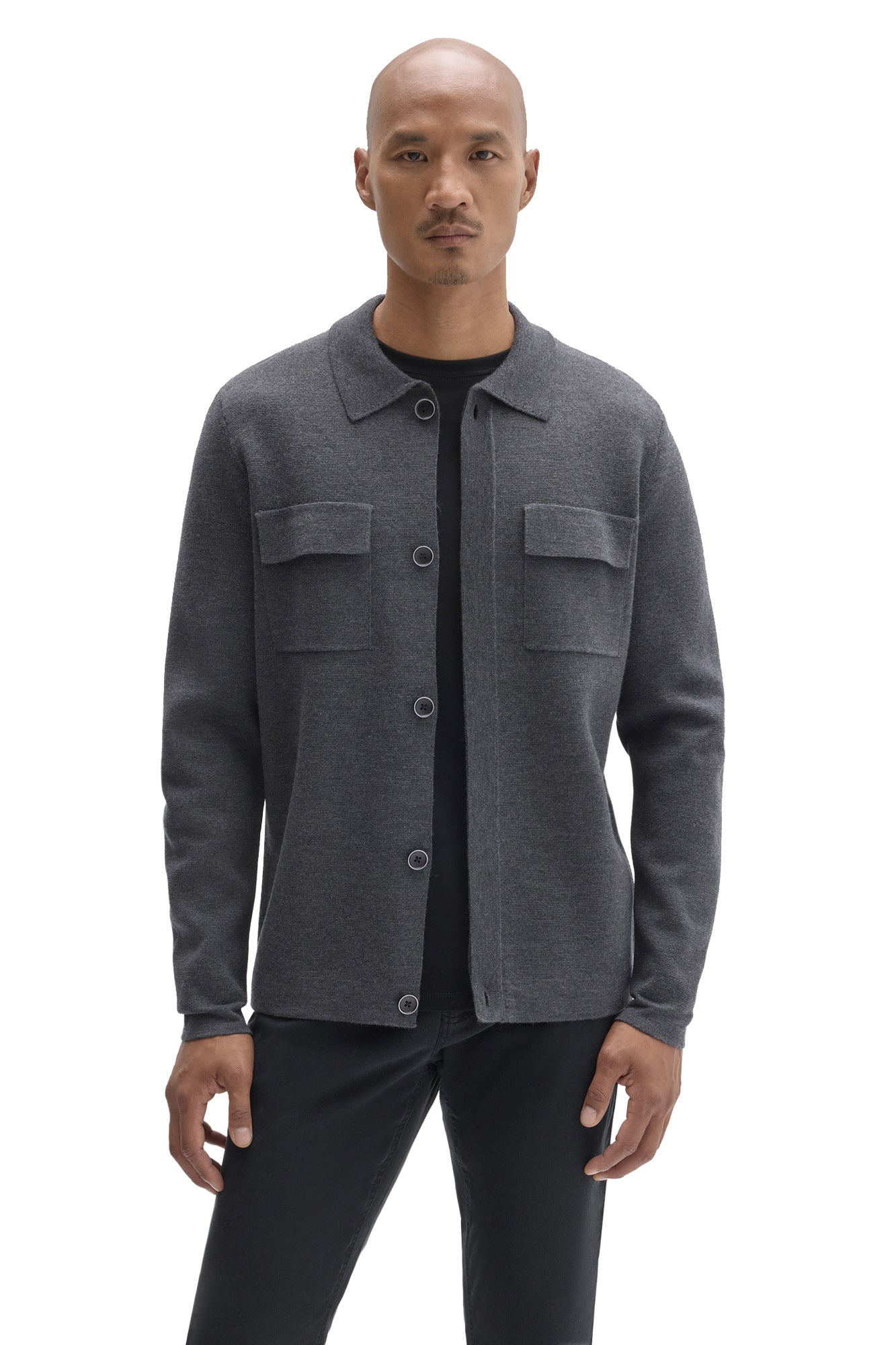 Robert Barakett men's charcoal gray collared cardigan with flap chest pockets and dark buttons shown from the front
