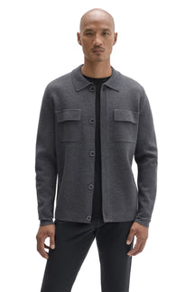 Robert Barakett men's charcoal gray collared cardigan with flap chest pockets and dark buttons shown from the front