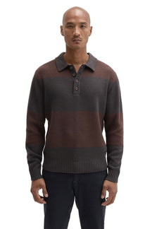 Front view of men's charcoal gray and brown striped long sleeve knit polo with four-button placket by Robert Barakett