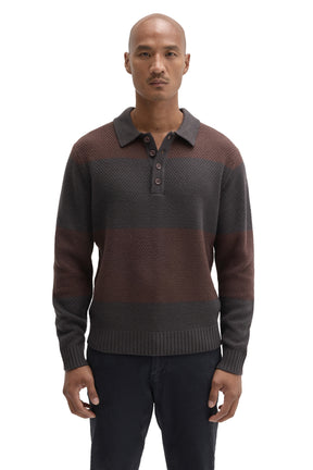 Front view of men's charcoal gray and brown striped long sleeve knit polo with four-button placket by Robert Barakett