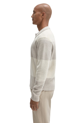 Robert Barakett men's ivory textured long sleeve knit polo showing collar, hem and ribbed cuff, side view
