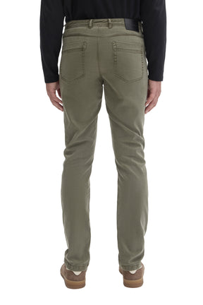 Robert Barakett men's olive green straight-leg pants with black waistband logo patch and patch pockets shown from the back