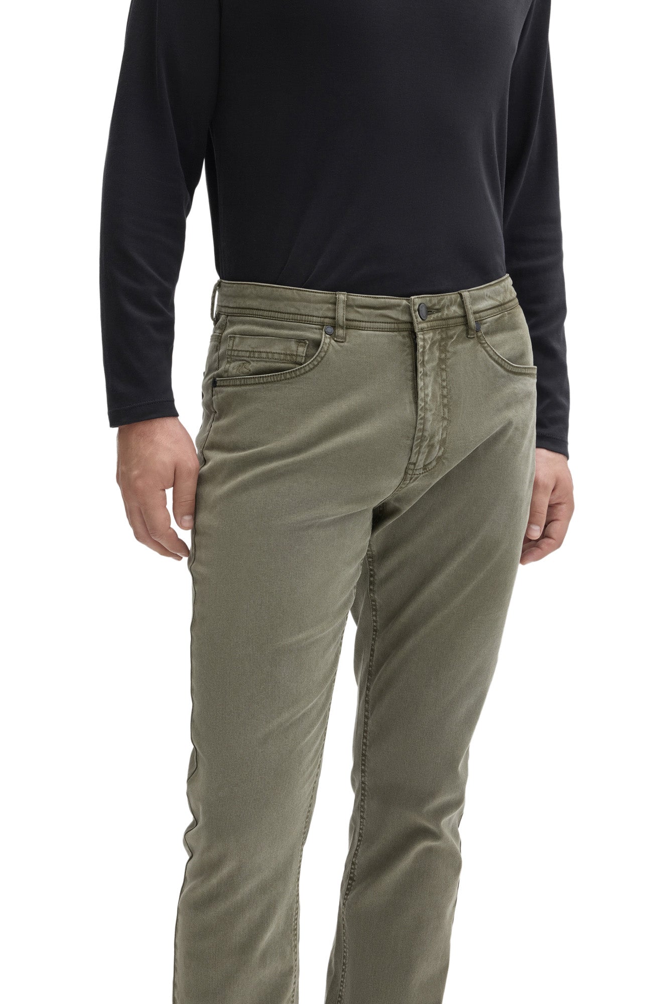 Robert Barakett men's close front detail of olive green straight-leg pants showing button, coin pocket and belt loops