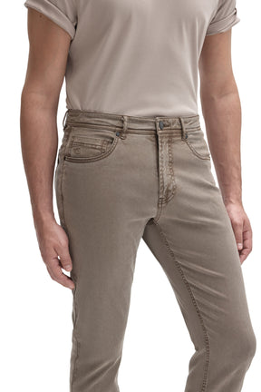 Robert Barakett men's close front detail of taupe gray straight-leg jeans with coin pocket and button fly area