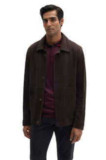 Robert Barakett men's dark brown suede jacket with patch pockets, button closure and point collar, front view