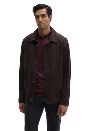 Robert Barakett men's dark brown suede jacket with patch pockets, button closure and point collar, front view