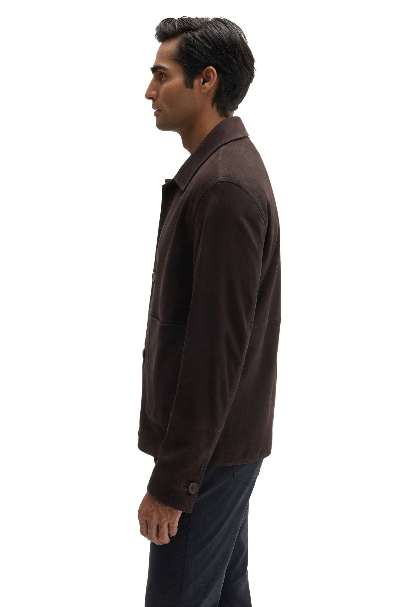 Robert Barakett men's dark brown suede jacket with button cuff, stitched shoulder and point collar shown from the side