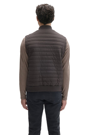 Robert Barakett men's dark taupe quilted vest with ribbed hem and horizontal padded panels shown from the back
