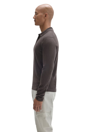 Robert Barakett men's dark brown long sleeve polo shirt showing straight hem, sleeve and the collar, side view