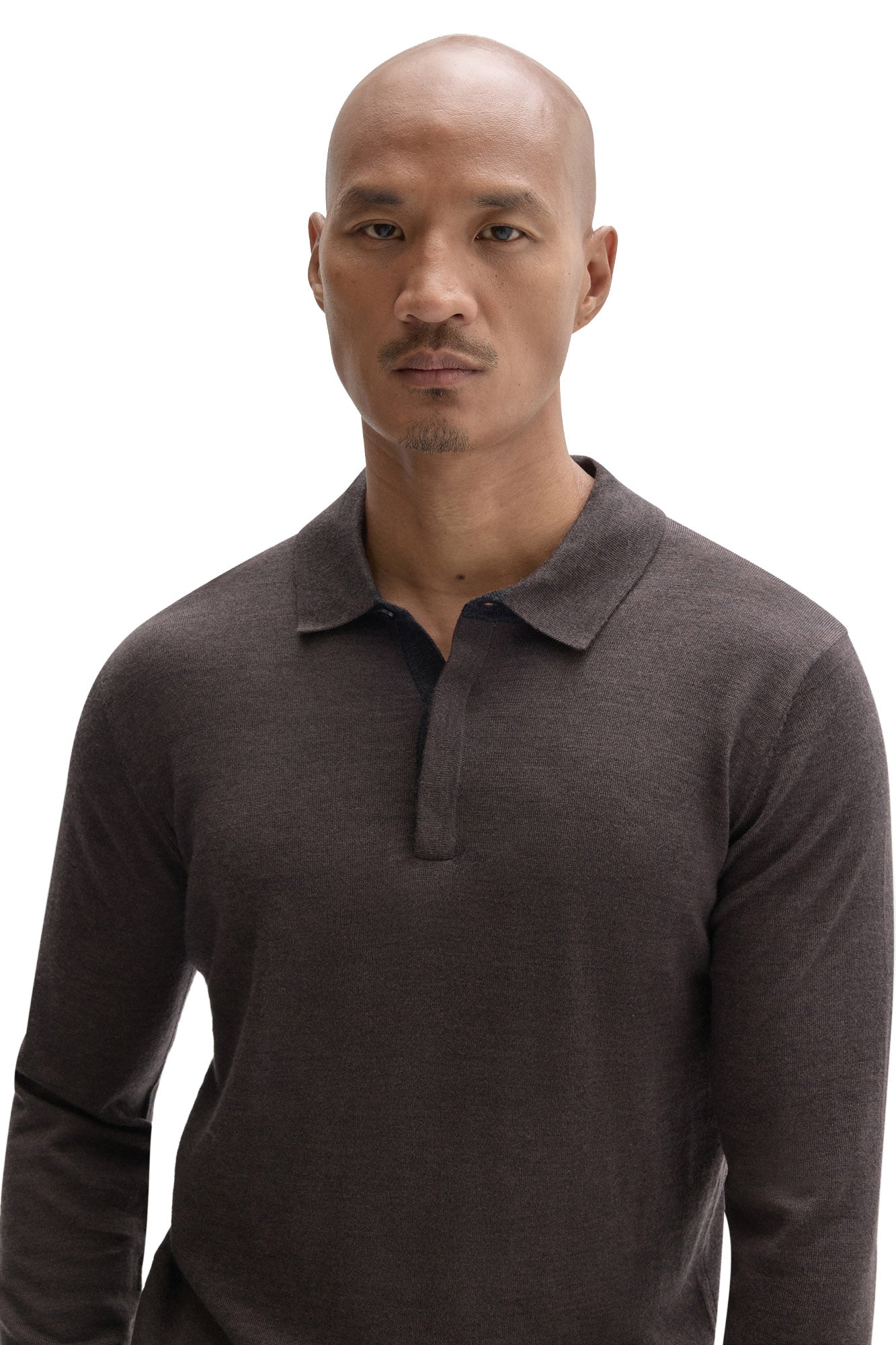 Robert Barakett men's close front view of a dark brown long sleeve polo shirt with partial placket and flat collar