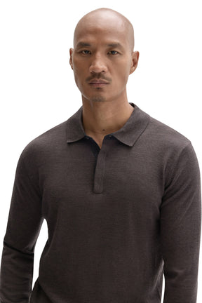 Robert Barakett men's close front view of a dark brown long sleeve polo shirt with partial placket and flat collar