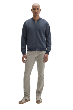 Robert Barakett men's full front model view of blue zip jacket with waistband, cuffs and ribbed baseball collar