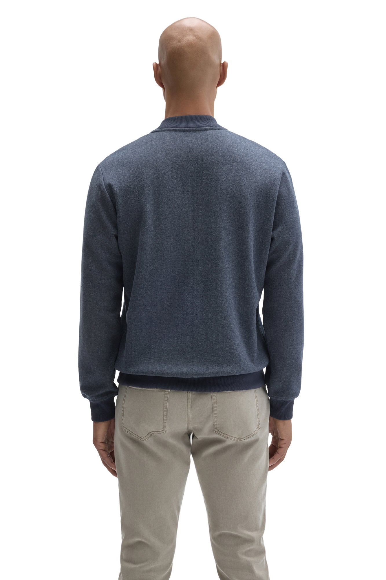Robert Barakett men's heathered blue jacket with waistband, cuffs and ribbed baseball collar shown from the back
