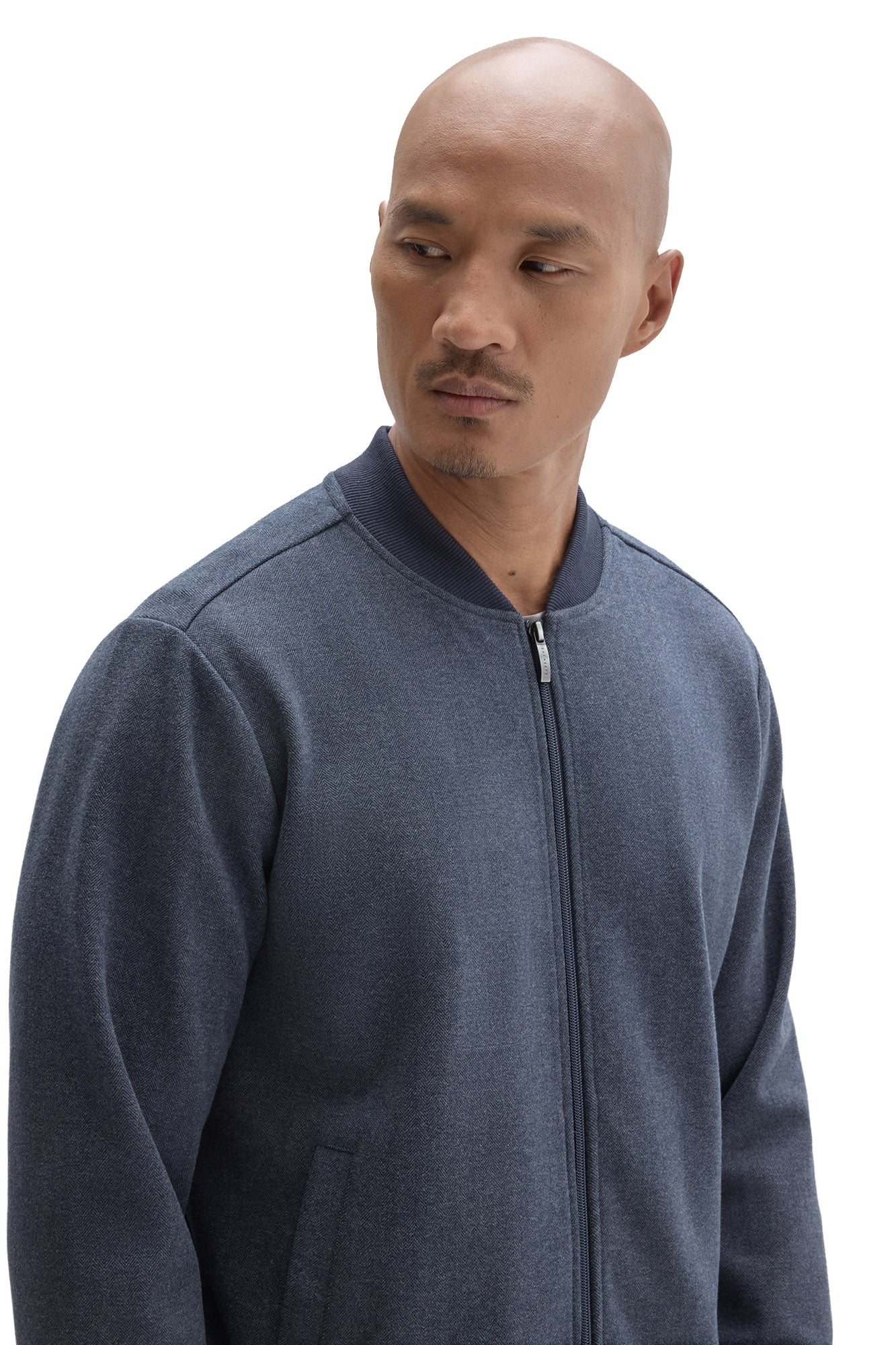 Robert Barakett men's blue zip jacket with subtle herringbone-like texture and ribbed baseball collar, close-up