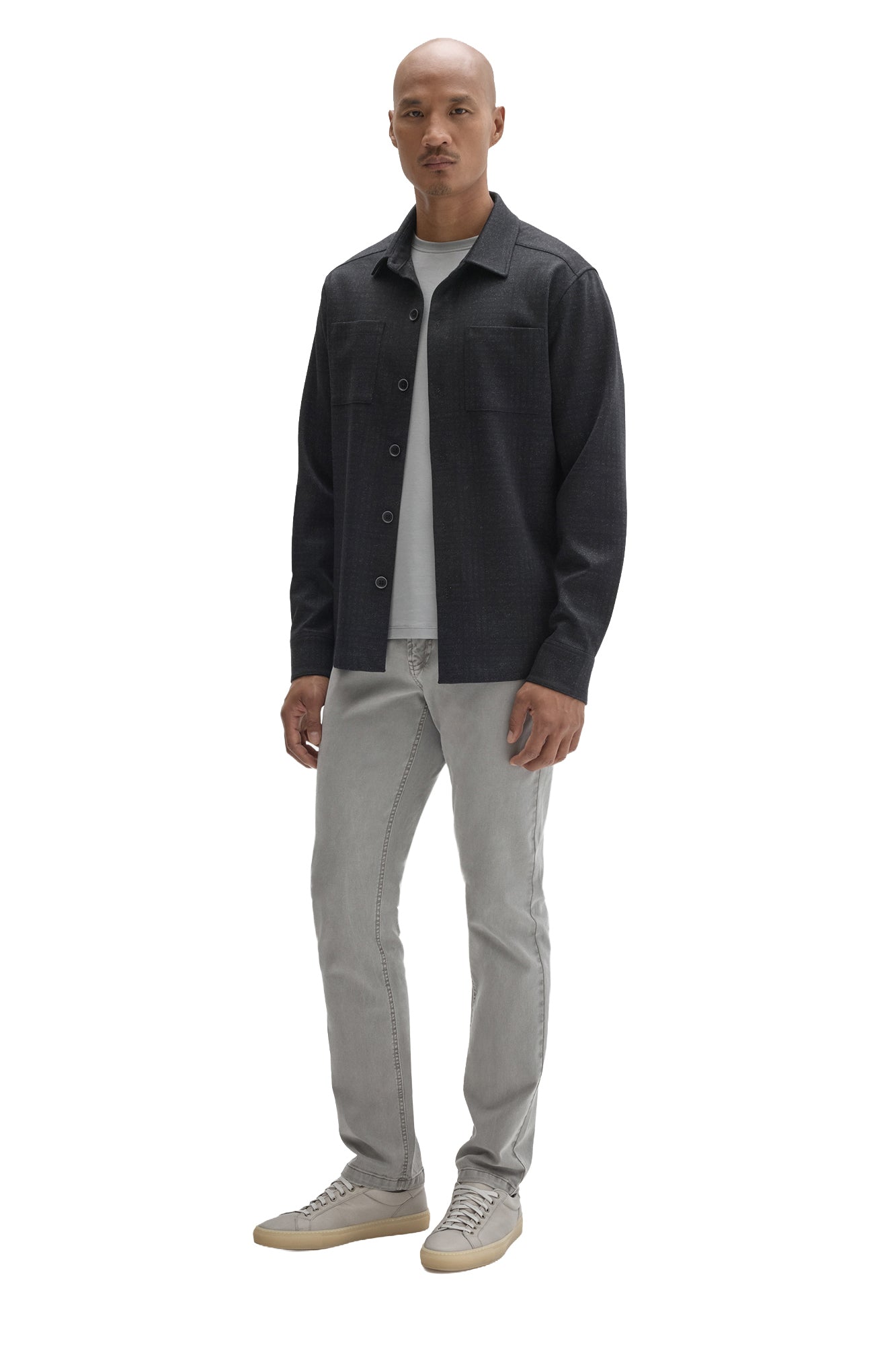 Robert Barakett men's angled full-body view of a charcoal textured overshirt worn open over a light gray T-Shirt, side view