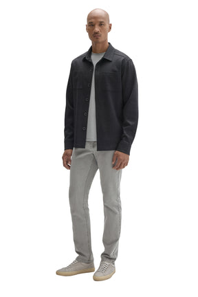 Robert Barakett men's angled full-body view of a charcoal textured overshirt worn open over a light gray T-Shirt, side view