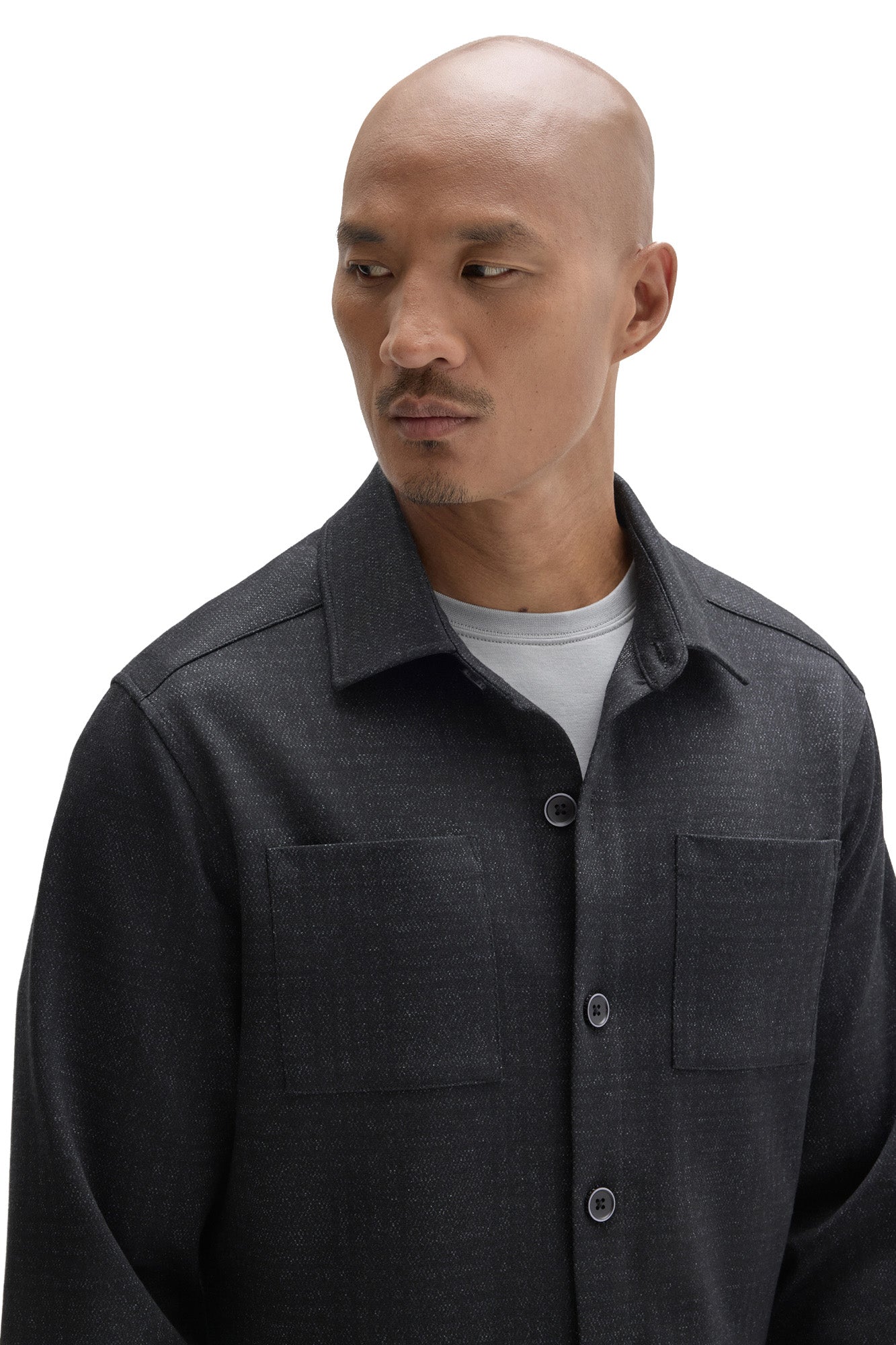Robert Barakett men's close front detail of a charcoal textured overshirt with chest patch pockets and point collar