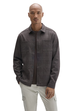 Robert Barakett men's charcoal tonal plaid overshirt with two chest pockets and point collar, front waist-up view