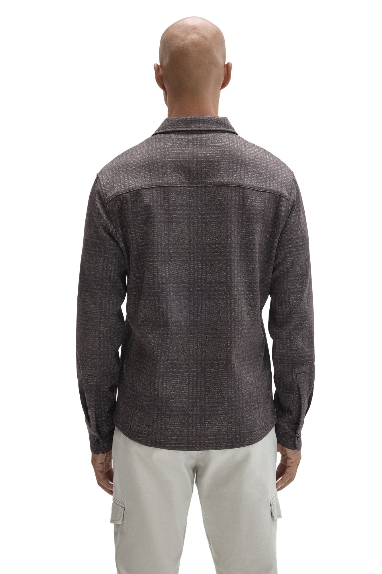 Robert Barakett men's charcoal tonal plaid overshirt showing button cuffs, back yoke seam and point collar, back view